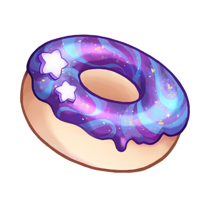 A freshly baked ring doughnut. It is decorated with marbled, shiny icing that resembles the night sky.